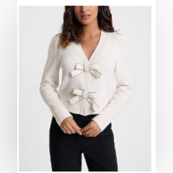 Express Sweaters - Embellished Bow V-Neck Cardigan